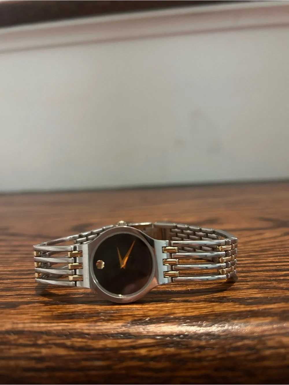 Movado-Inspired Stainless Steel Two-Tone Watch with Black Dial